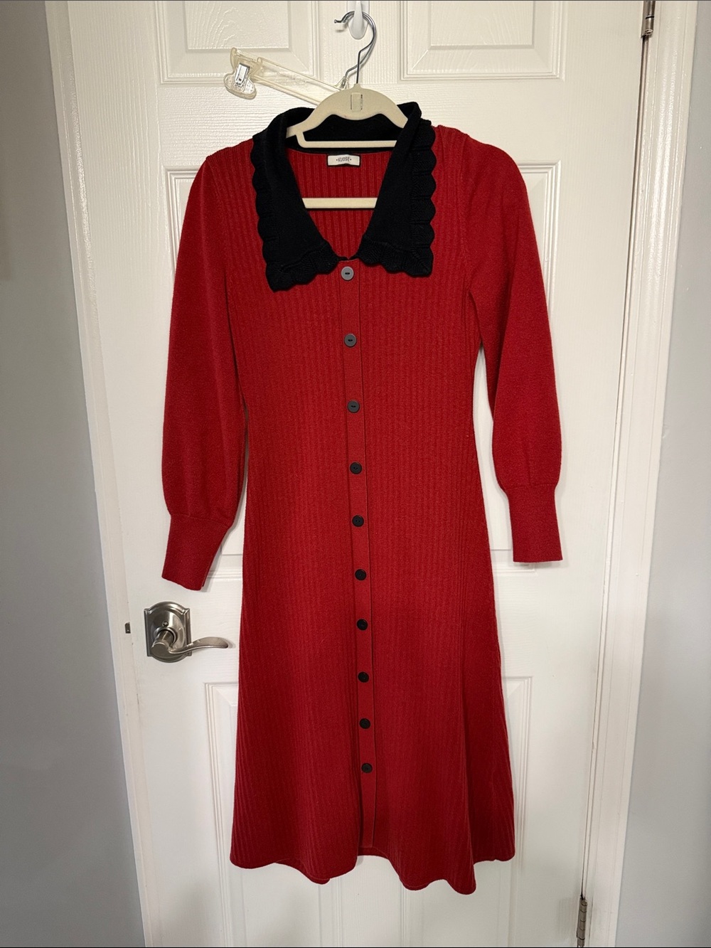 Kuose Red Button-Front Knit midi  Dress with Black Scalloped Collar M Y2K